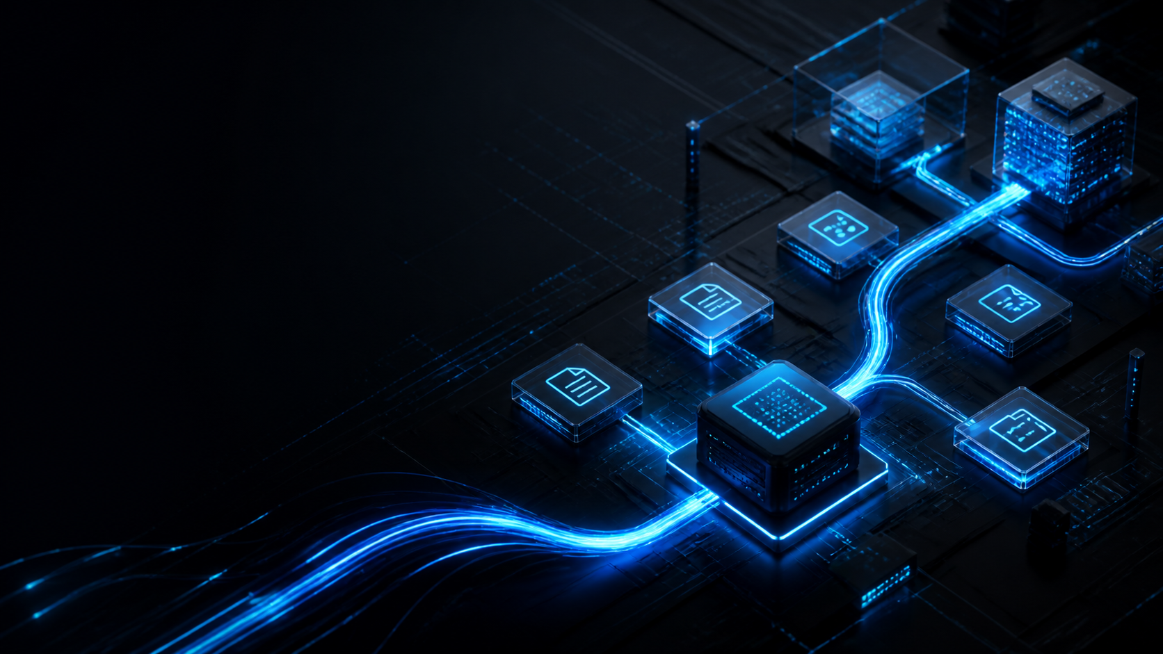 Abstract local AI workflow paths connecting private data and compute nodes